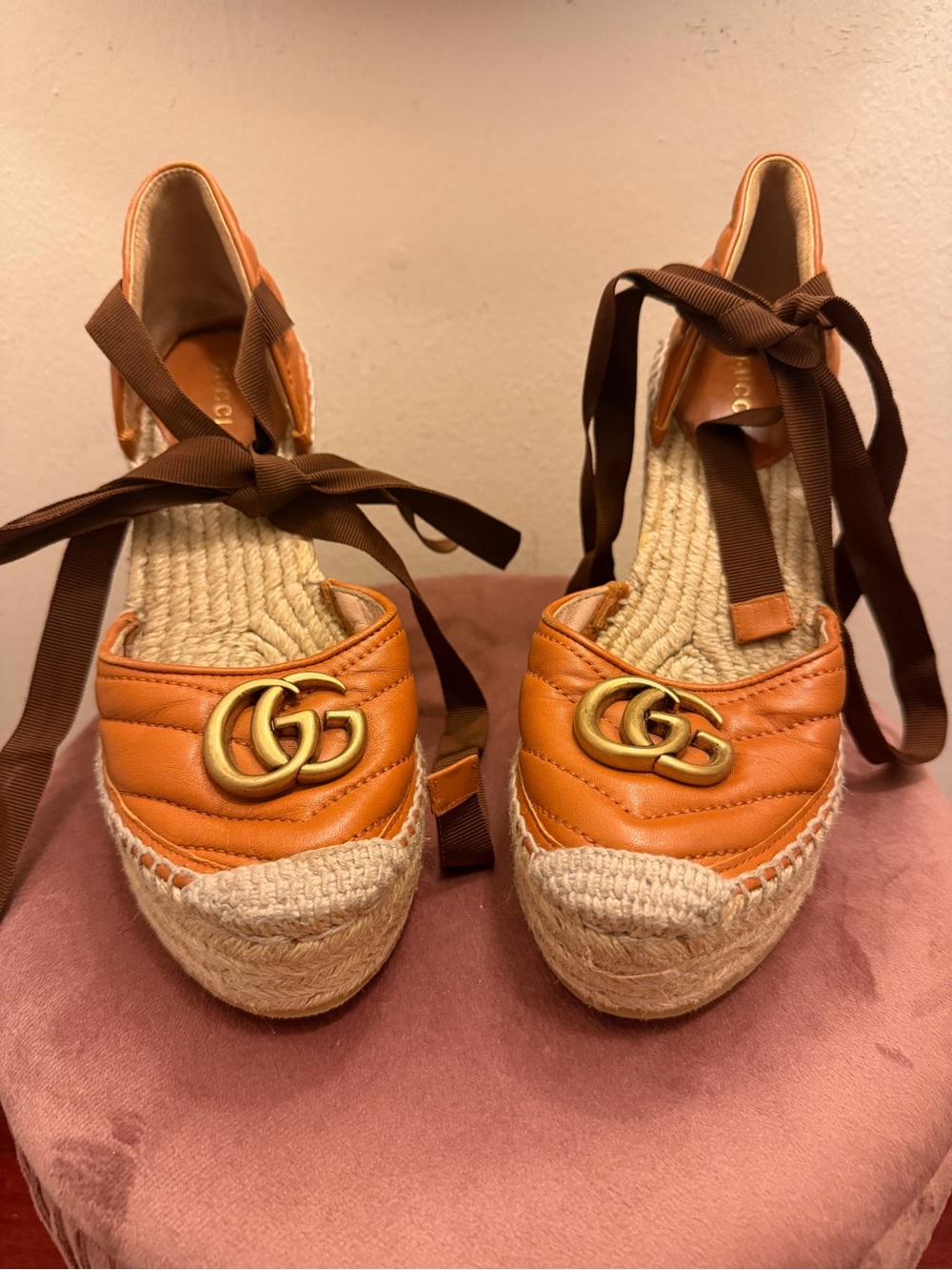 Gucci Orange Quilted Leather Espadrille Wedge Sandals with Gold GG